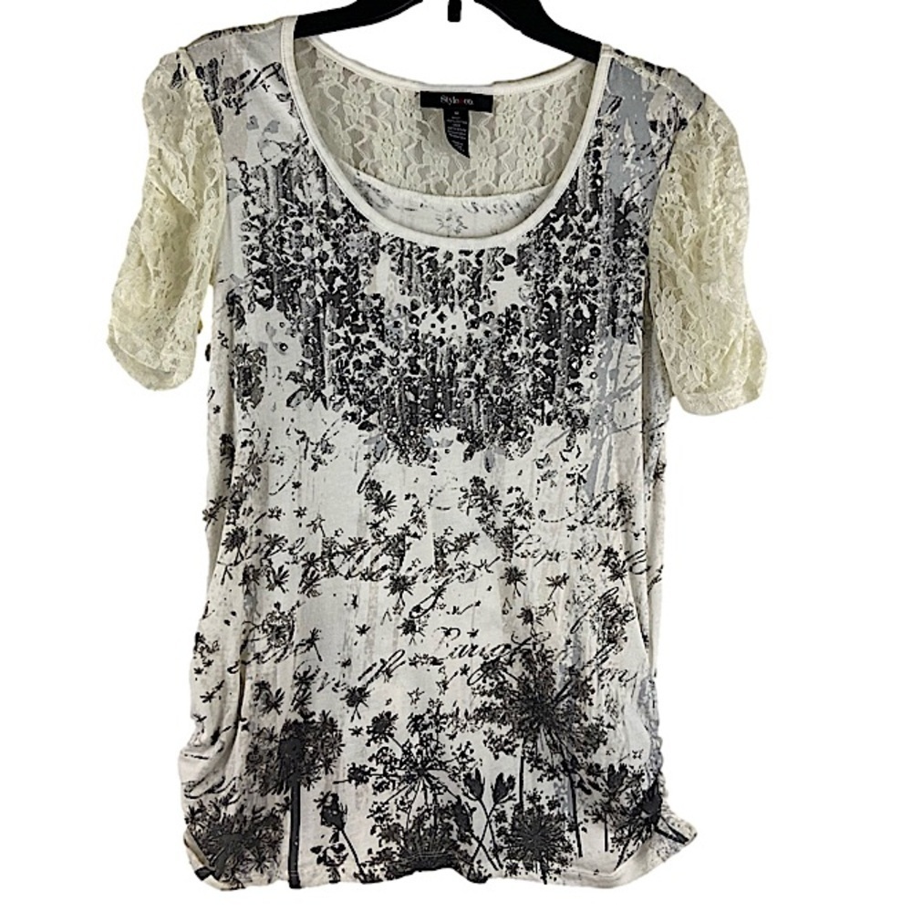 Style & Co Cream and Black Dandelion Wishes Top with Lace Sleeves Size Medium